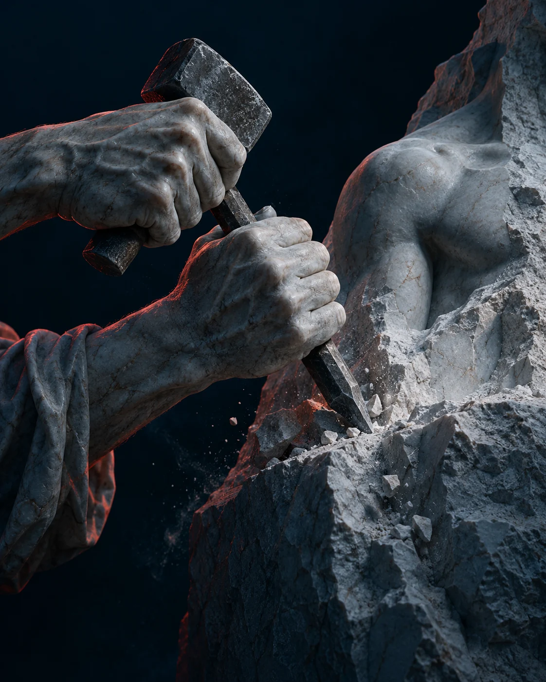 Mãos de mármore trabalhando uma escultura, uma representação da construção de si
