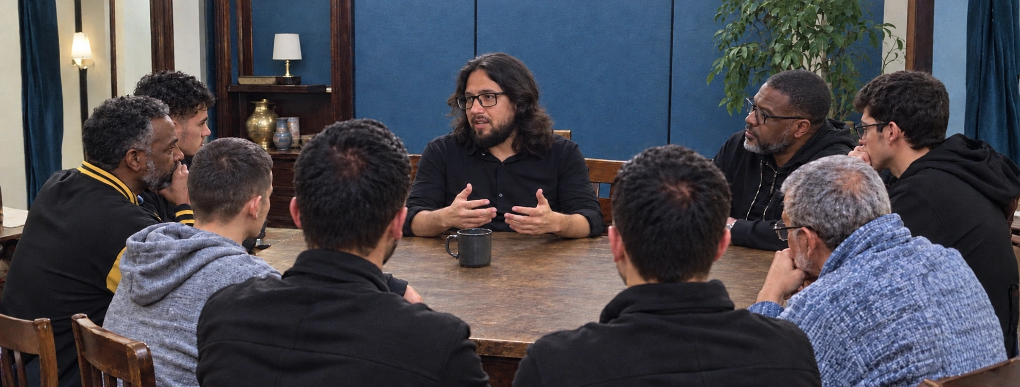 Homens reunidos ao redor de uma mesa durante uma conversa em grupo