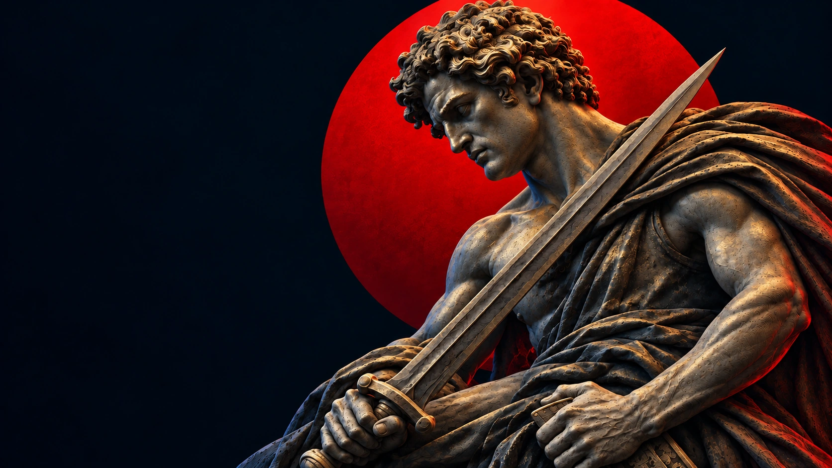Escultura clássica de um guerreiro segurando uma espada diante de um círculo vermelho, sobre fundo escuro